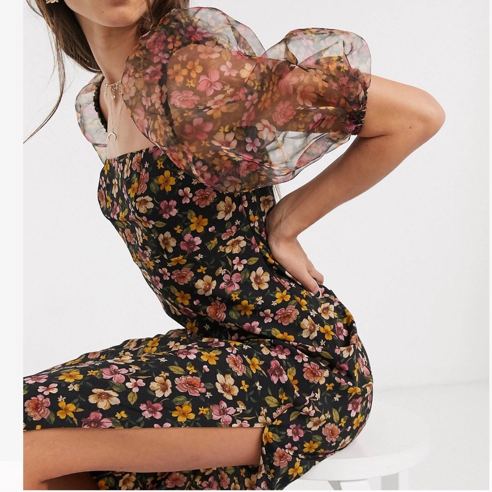 Topshop organza puff sleeve floral midi dress